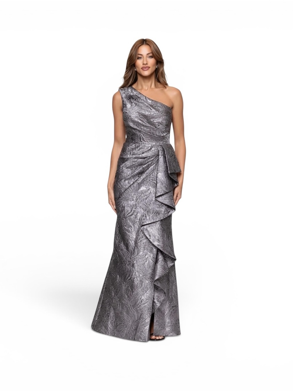 NWT Xscape Gray Metallic Ruffle One-Shoulder Jacquard Formal Dress Gown Size 8